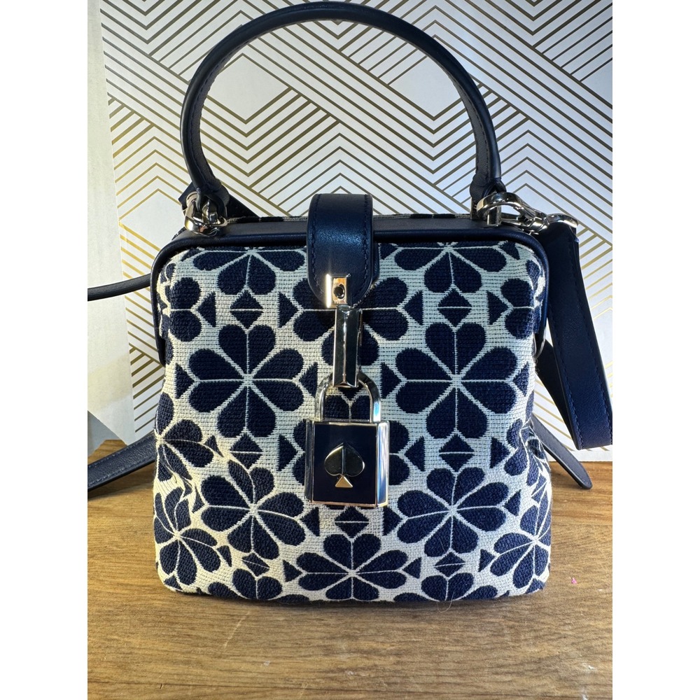 Kate Spade Remedy Spade Flower Jacquard Small Top Handle Bag Navy Blue Cream - Picture 3 of 14